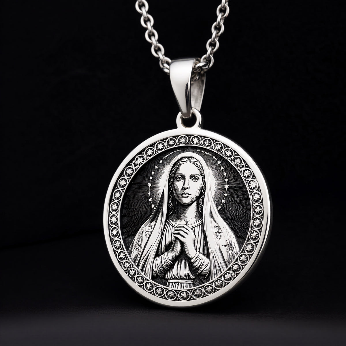 925 Sterling Silver Medjugorje necklace with Queen of Peace engraving. A classic silver spiritual Mary pendant for devotion and hope.