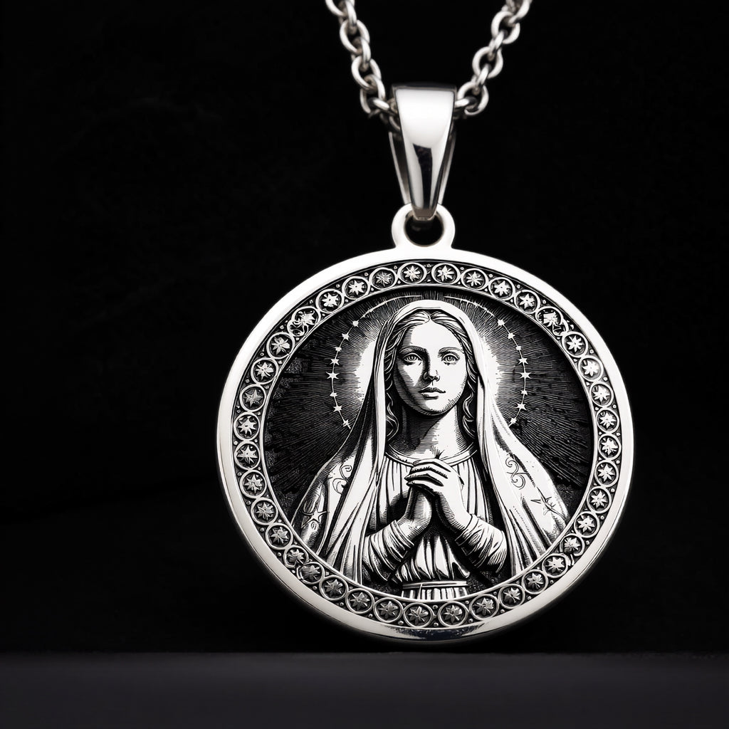 925 sterling silver Virgin Mary Queen of Peace pendant, detailed view 7.