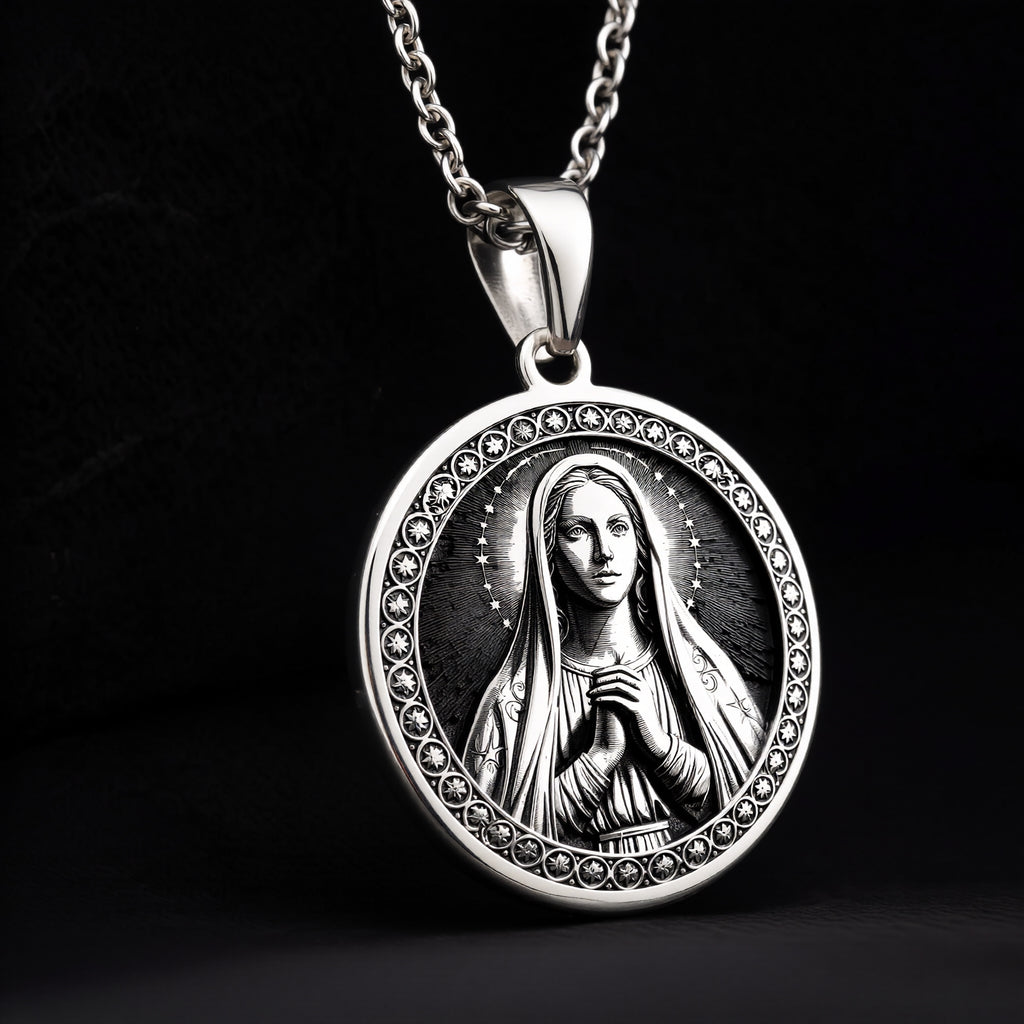 925 sterling silver Virgin Mary Queen of Peace pendant, detailed view 8.