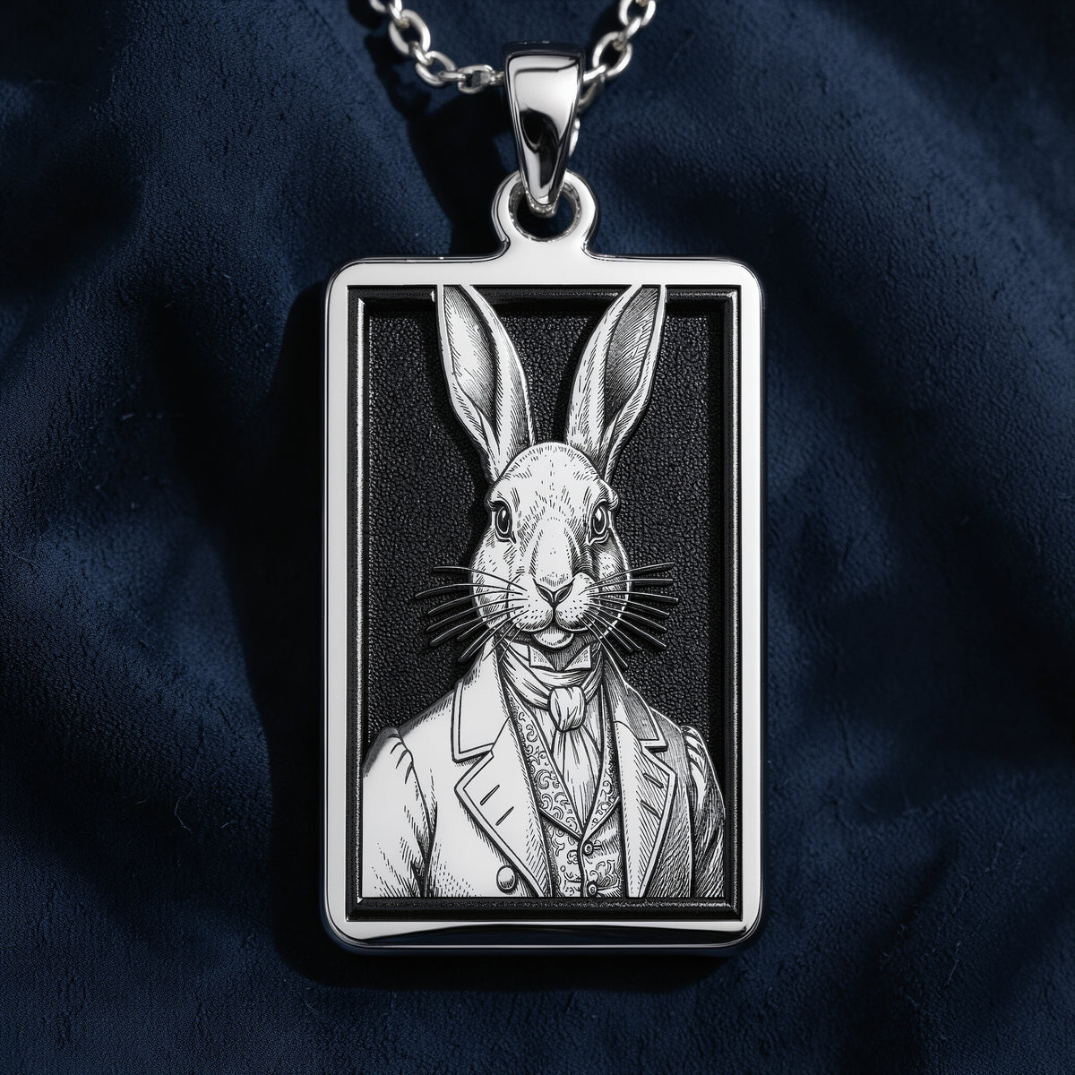Angled perspective of 925 Sterling Silver Victorian Rabbit Gentleman Bunny Rectangle Pendant Necklace, showcasing textured border craftsmanship in solid hypoallergenic 925 sterling silver.