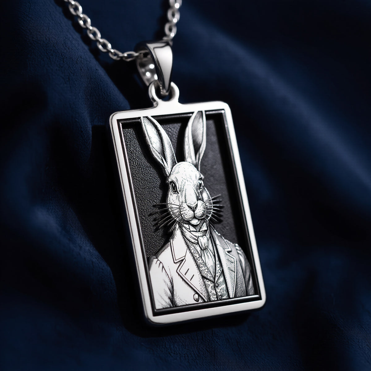 Macro detail view of 925 Sterling Silver Victorian Rabbit Gentleman Bunny Rectangle Pendant Necklace, highlighting polished bail and three-dimensional relief.