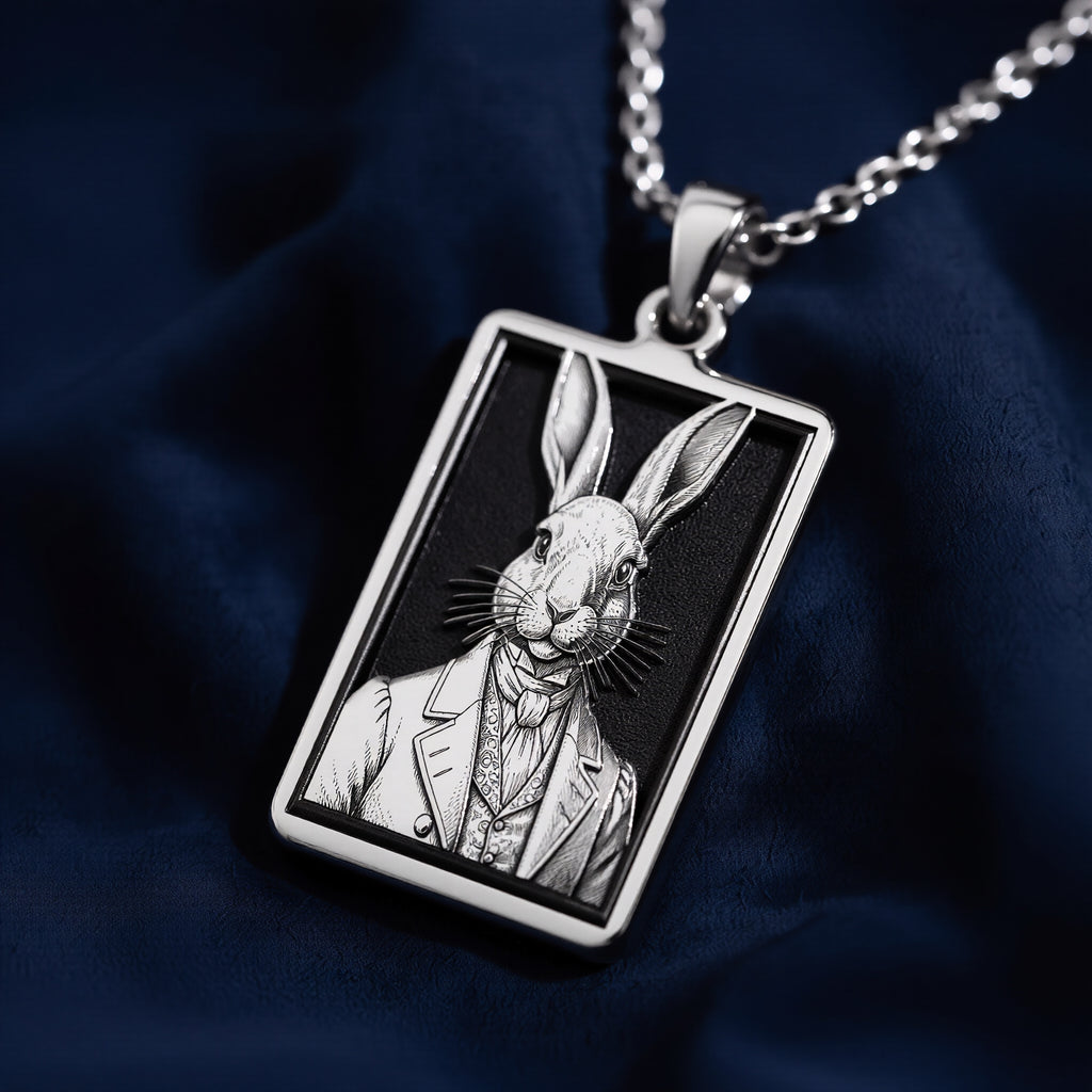 Side profile and bevel edge shot of 925 Sterling Silver Victorian Rabbit Gentleman Bunny Rectangle Pendant Necklace, crafted in durable solid hypoallergenic 925 sterling silver.