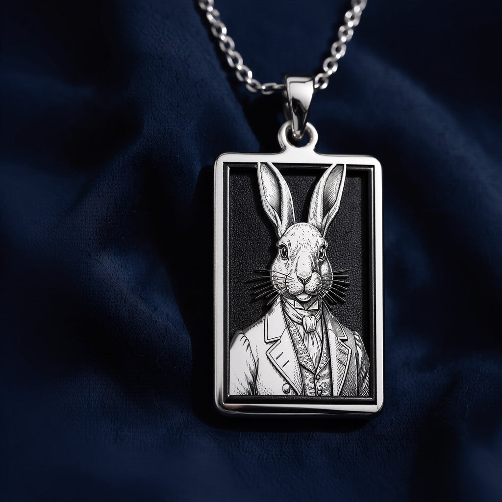 Elegant lifestyle display of 925 Sterling Silver Victorian Rabbit Gentleman Bunny Rectangle Pendant Necklace, showing wearable proportions for Dapper Hare in Tuxedo Dark Academia Gothic Animal Jewelry.