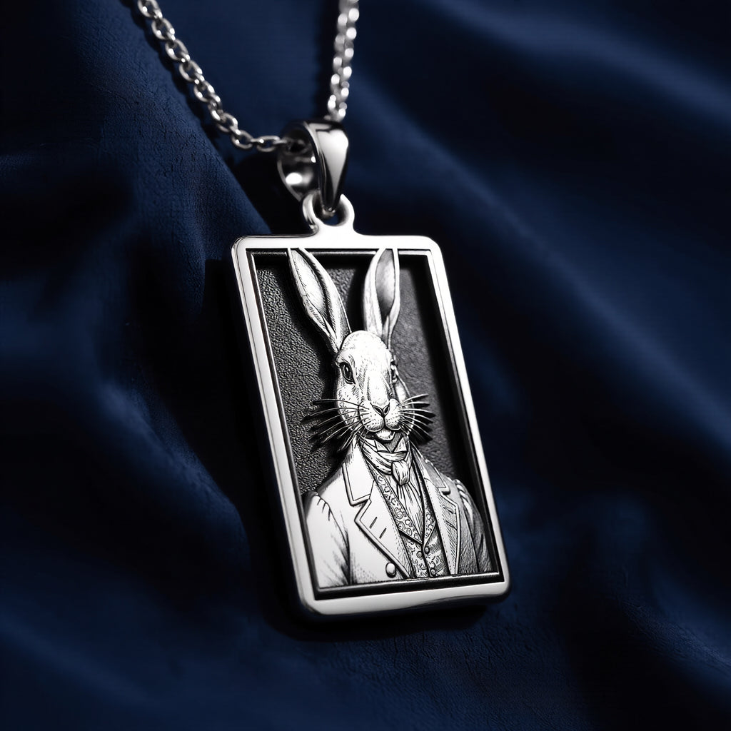 Back and reverse side view of 925 Sterling Silver Victorian Rabbit Gentleman Bunny Rectangle Pendant Necklace, smooth skin-safe hypoallergenic finish.