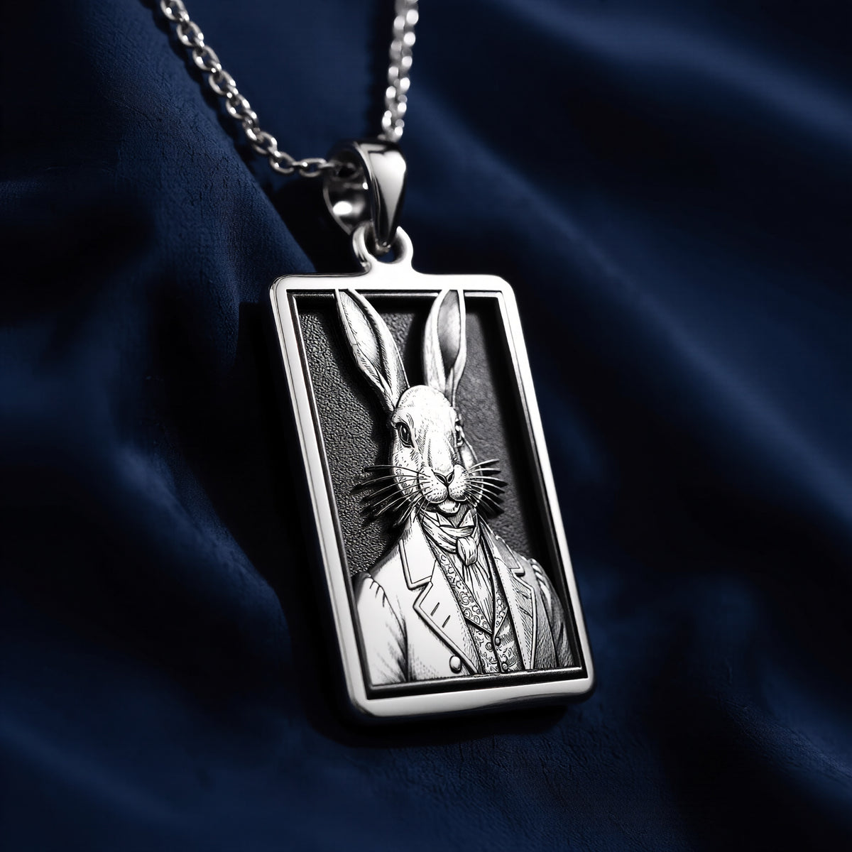 Back and reverse side view of 925 Sterling Silver Victorian Rabbit Gentleman Bunny Rectangle Pendant Necklace, smooth skin-safe hypoallergenic finish.