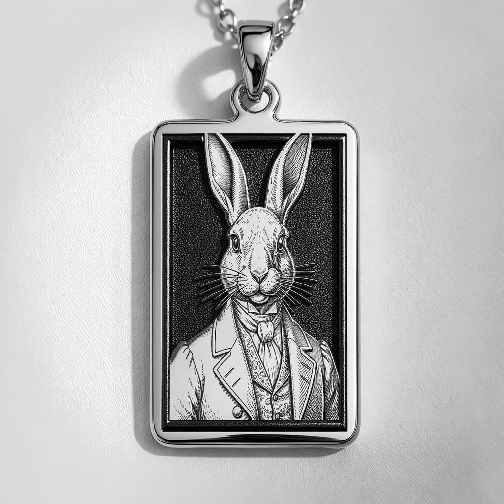 Studio front view of 925 Sterling Silver Victorian Rabbit Gentleman Bunny Rectangle Pendant Necklace, featuring Dapper Hare in Tuxedo Dark Academia Gothic Animal Jewelry with crisp engraved relief details.