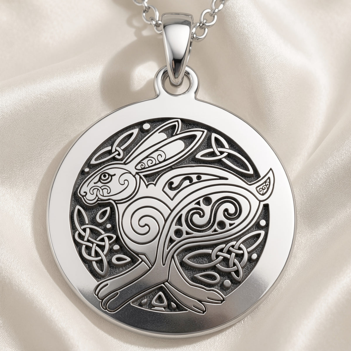 925 925 Sterling Silver Bunny Rabbit Talisman Necklace Pendants Oxidized silver pendant necklace featuring a stylized rabbit and Celtic knotwork design.
