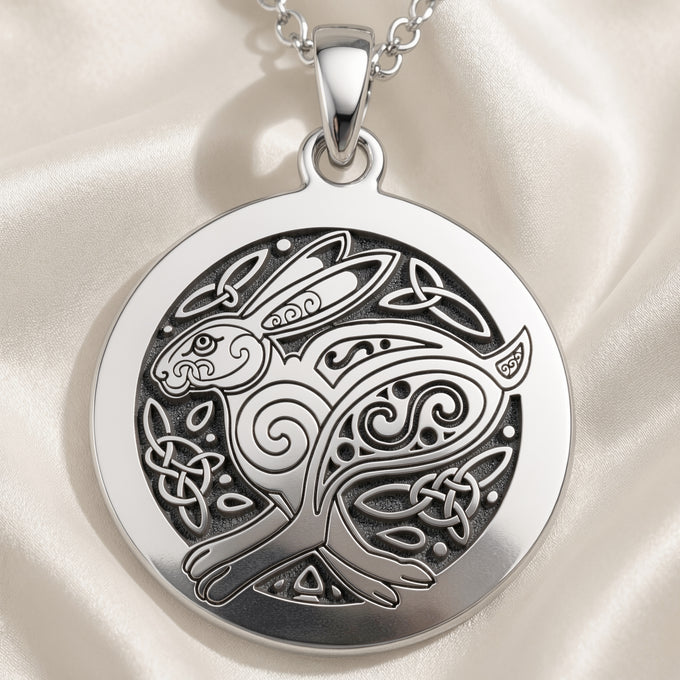 925 925 Sterling Silver Bunny Rabbit Talisman Necklace Pendants Oxidized silver pendant necklace featuring a stylized rabbit and Celtic knotwork design.