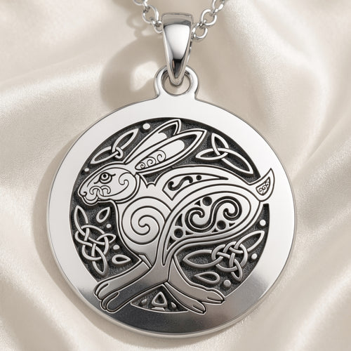 925 925 Sterling Silver Bunny Rabbit Talisman Necklace Pendants Oxidized silver pendant necklace featuring a stylized rabbit and Celtic knotwork design.