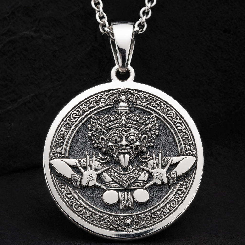 Sterling silver Rangda Demon Queen Talisman Necklace: round  of Rangda Balinese demon q...