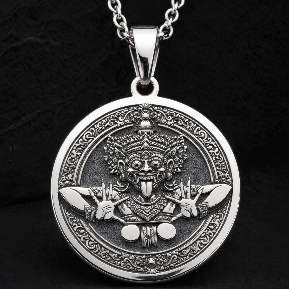 Sterling silver Rangda Demon Queen Talisman Necklace: round  of Rangda Balinese demon q...