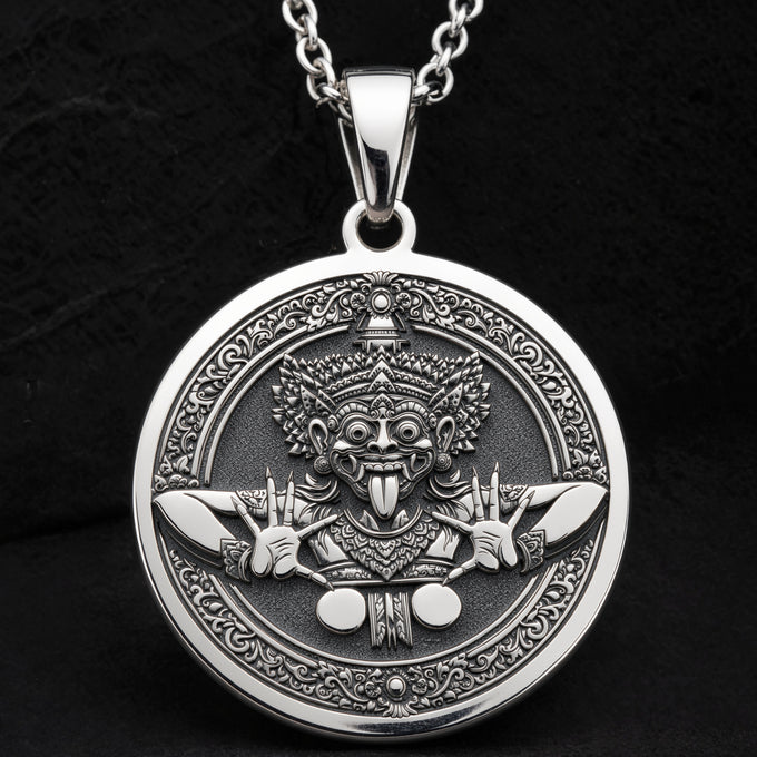 Sterling silver Rangda Demon Queen Talisman Necklace: round  of Rangda Balinese demon q...