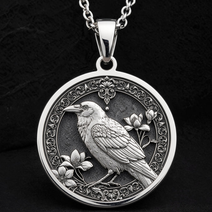 Raven Gothic Bird Pendant Necklace featuring a detailed bird design. Silver or gold plated dark academia memento mori jewelry.