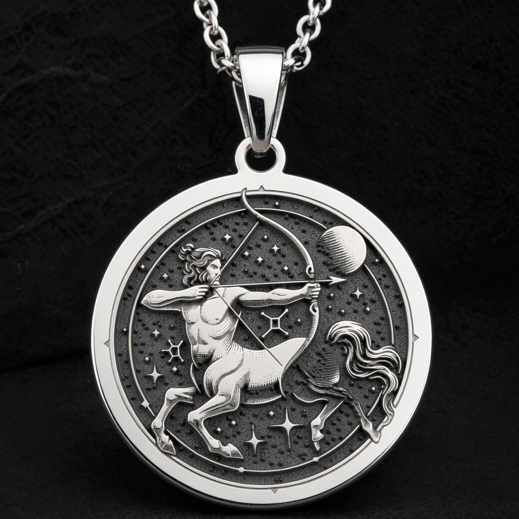 Sterling silver Sagittarius Centaur Zodiac Necklace: round  of Sagittarius zodiac sign ...