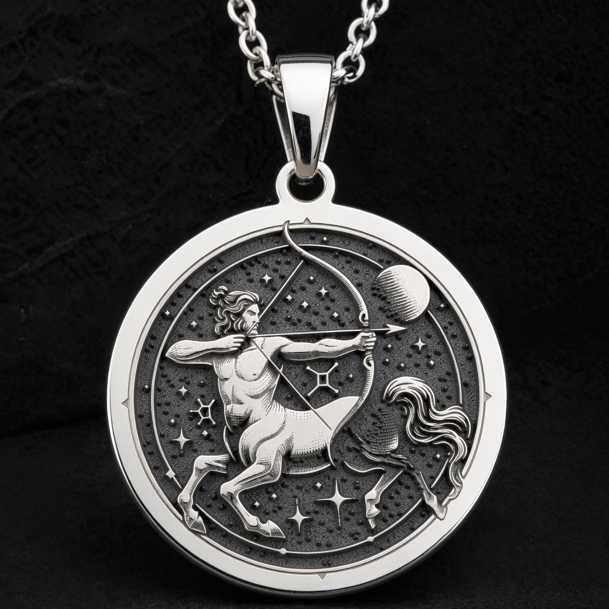 Sterling silver Sagittarius Centaur Zodiac Necklace: round  of Sagittarius zodiac sign ...