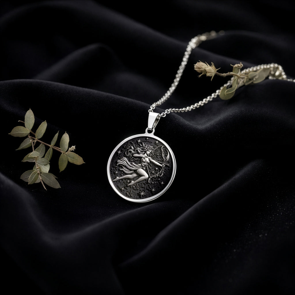 Sterling silver Sagittarius Constellation Necklace: round  of Sagittarius zodiac archer...