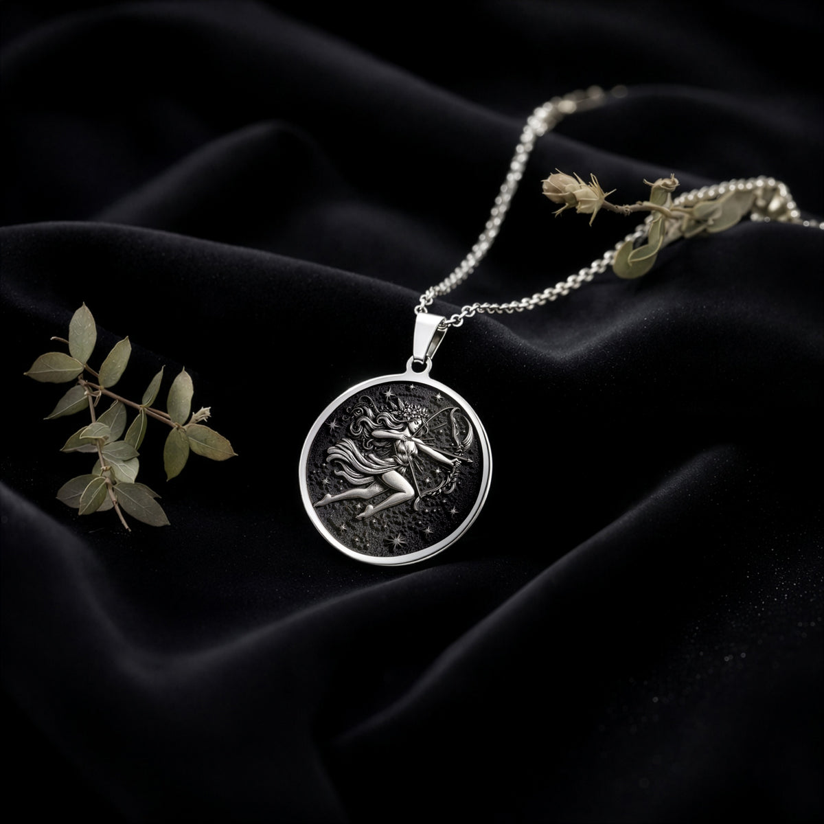 Sterling silver Sagittarius Constellation Necklace: round  of Sagittarius zodiac archer...