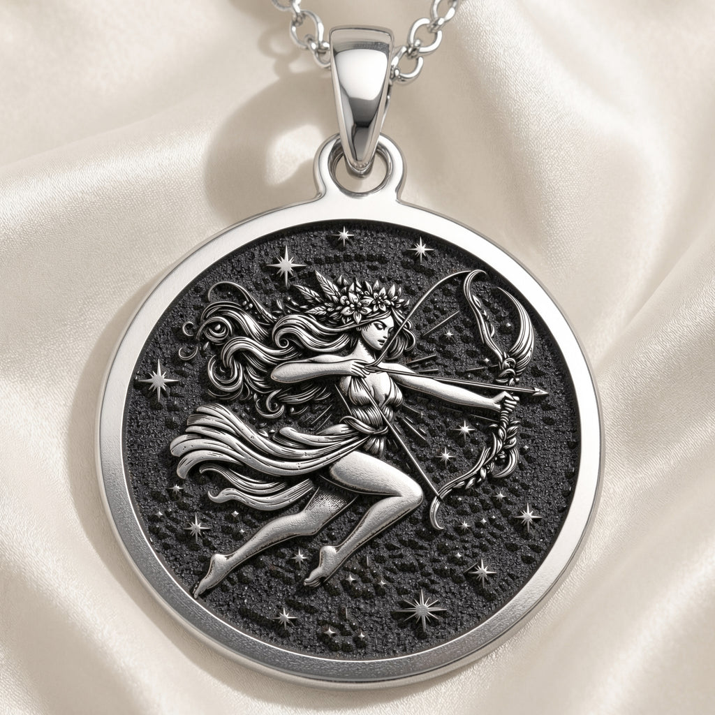 Sterling silver Sagittarius Constellation Necklace: round  of Sagittarius zodiac sign a...