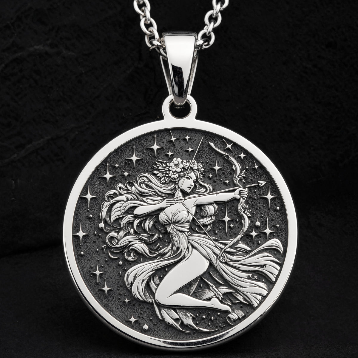 Sterling silver Sagittarius Zodiac Necklace: round  of Sagittarius zodiac sign archer w...