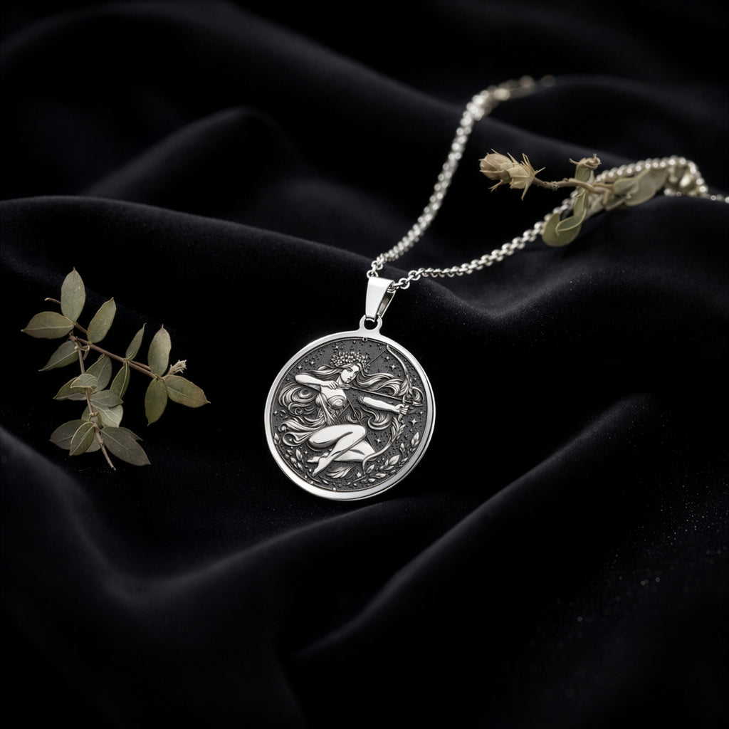 Sterling silver Sagittarius Archer Centaur Necklace: round  of Sagittarius archer centa...