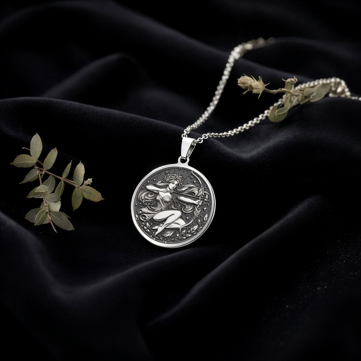 Sterling silver Sagittarius Archer Centaur Necklace: round  of Sagittarius archer centa...