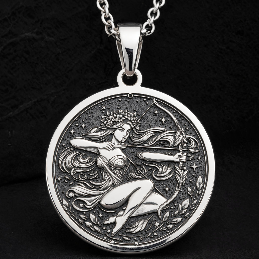 Sterling silver Sagittarius Archer Centaur Necklace: round  of Sagittarius archer centa...