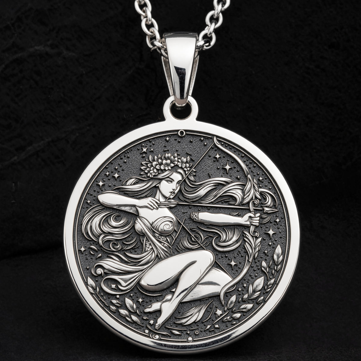 Sterling silver Sagittarius Archer Centaur Necklace: round  of Sagittarius archer centa...