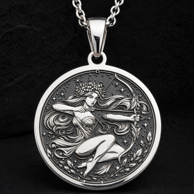 Sterling silver Sagittarius Archer Centaur Necklace: round  of Sagittarius archer centa...