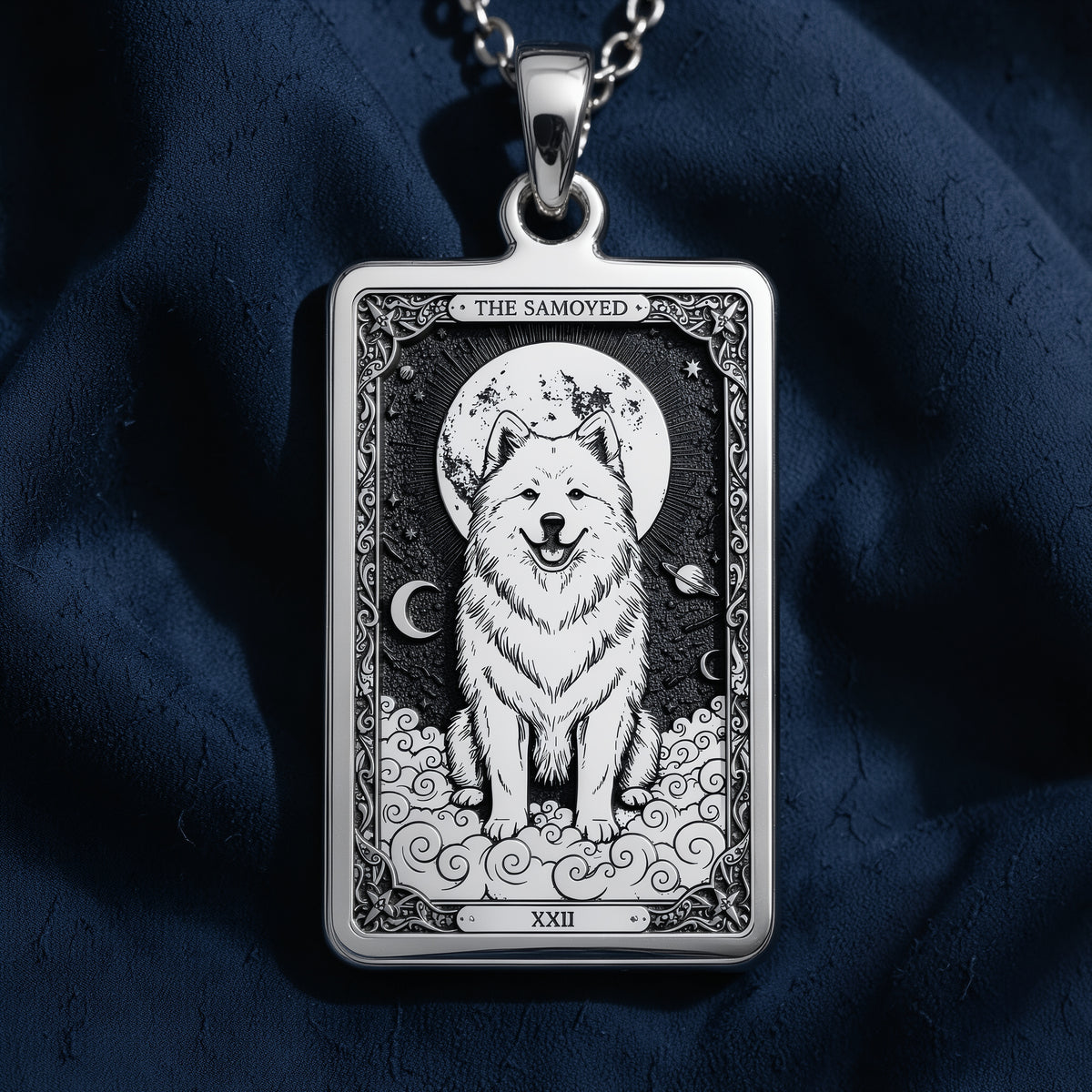 A polished 14K solid gold Samoyed medallion. This fine pet jewelry represents the breed's "smiling" nature, making it a perfect Sammy lover gift.