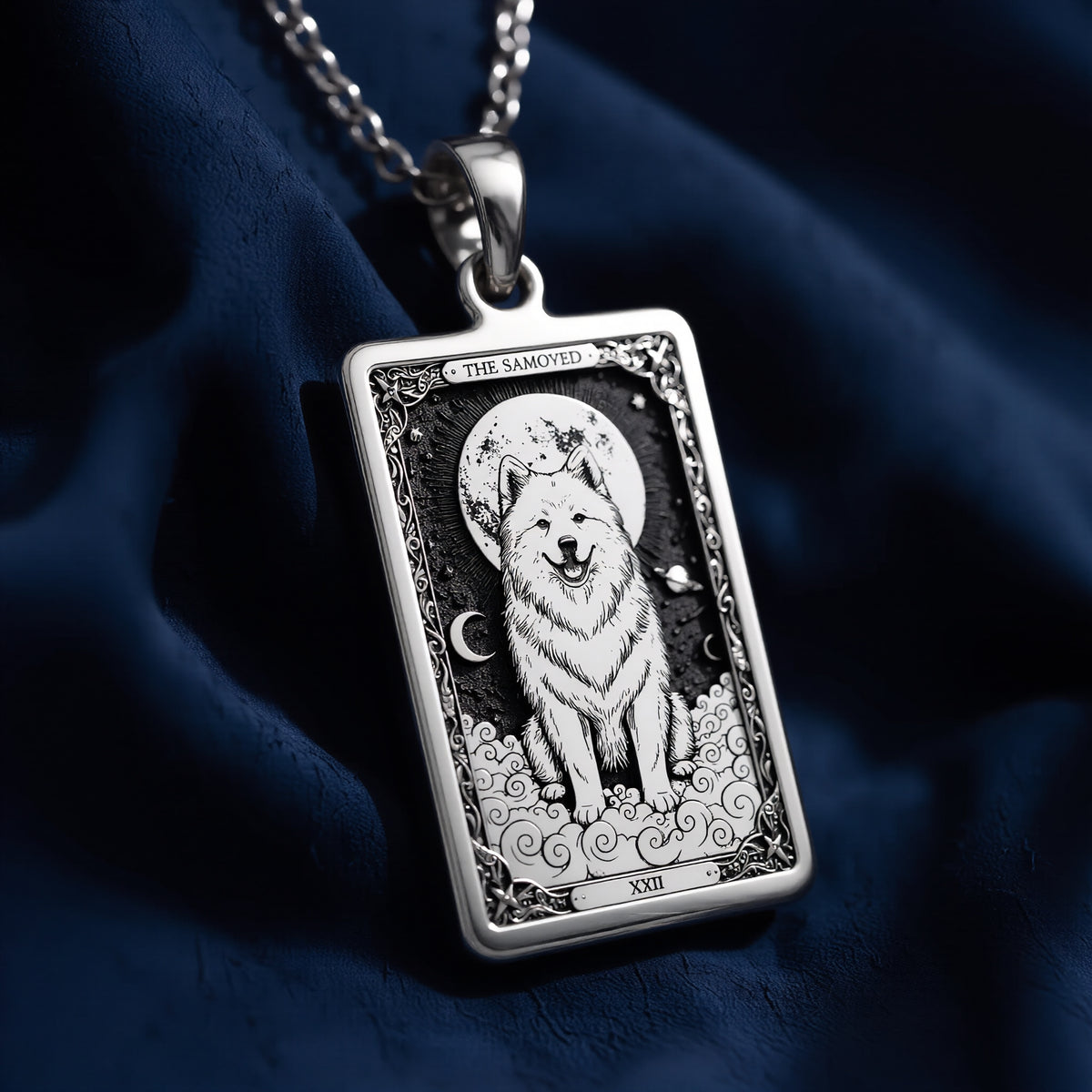 A striking 925 sterling silver Samoyed charm. The art shows the celestial "Sammy," a meaningful piece of jewelry for a pet owner.