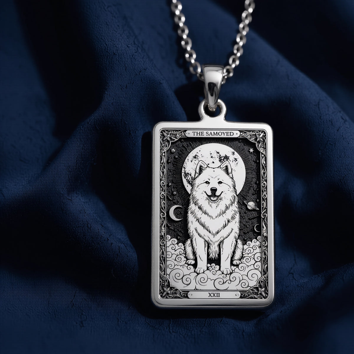 925 sterling silver Samoyed Tarot Pet Portrait Medallion pendant featuring a detailed design.