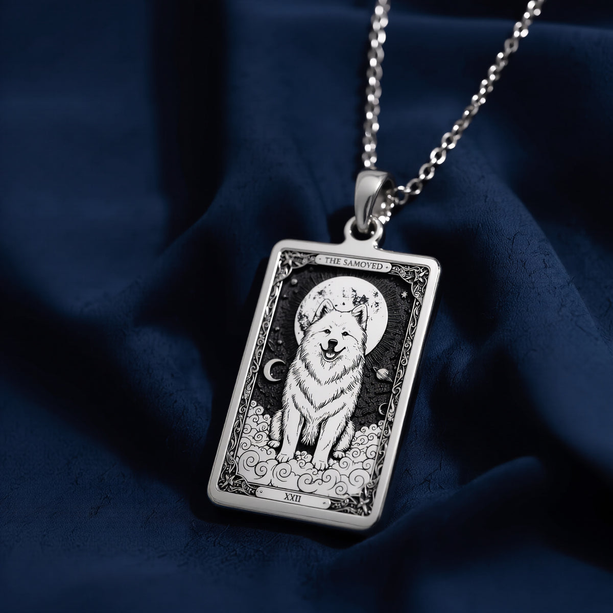 925 sterling silver Samoyed Tarot Pet Portrait Medallion pendant featuring a detailed design.