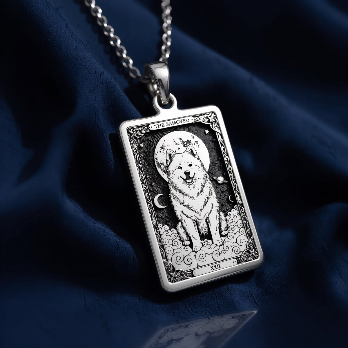 925 sterling silver Samoyed Tarot Pet Portrait Medallion pendant featuring a detailed design.