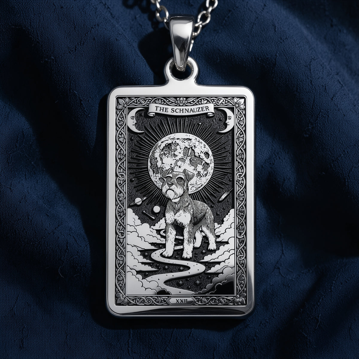 A polished 14K solid gold Schnauzer medallion. This fine pet jewelry represents the breed's intelligent spirit, making it a perfect Schnauzer lover gift.