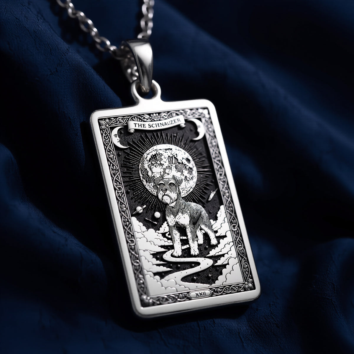 A striking 925 sterling silver Schnauzer charm. The art shows the celestial guardian, a meaningful piece of jewelry for a pet owner.