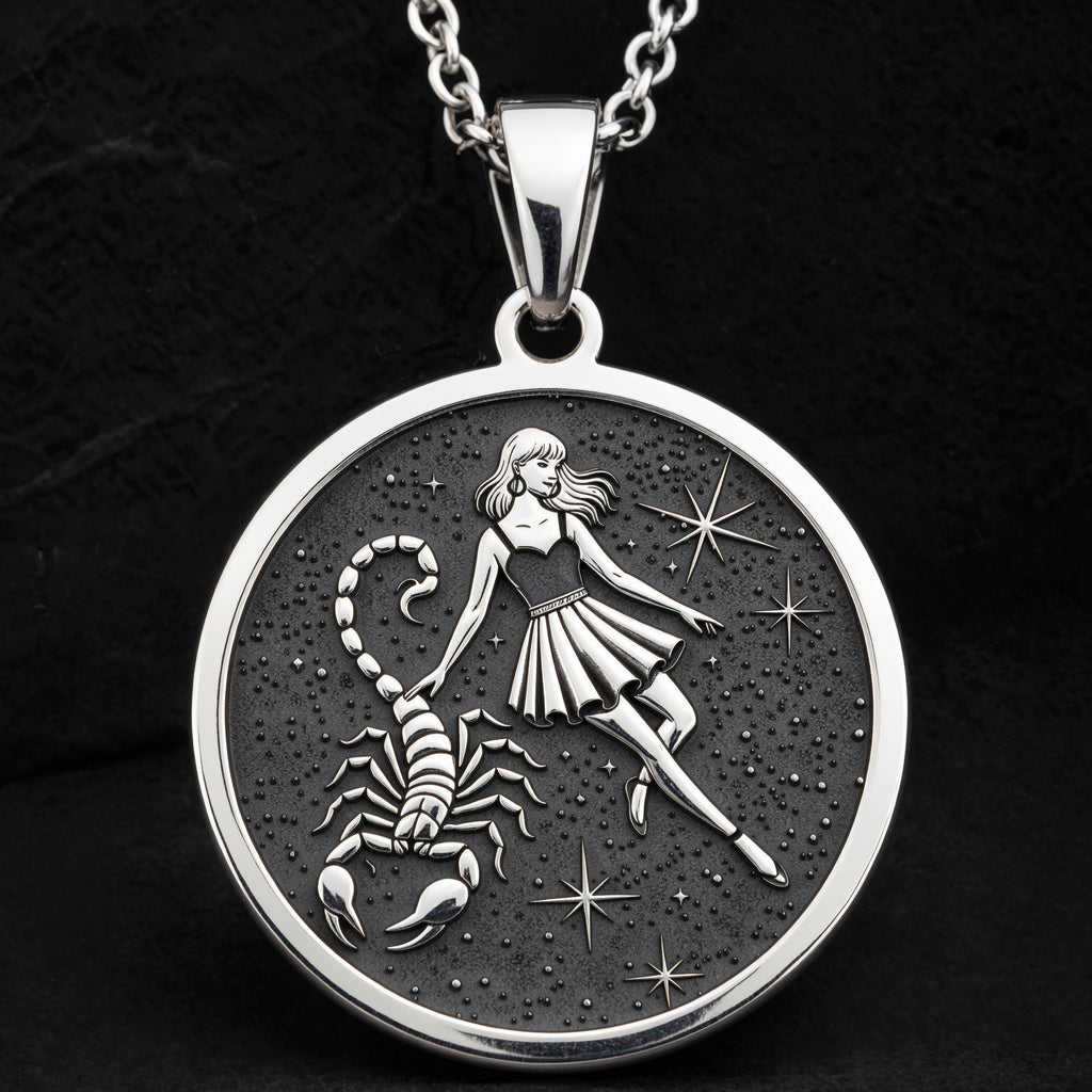 Sterling silver Scorpio Zodiac Necklace: round  of Scorpio zodiac sign with engraved sc...