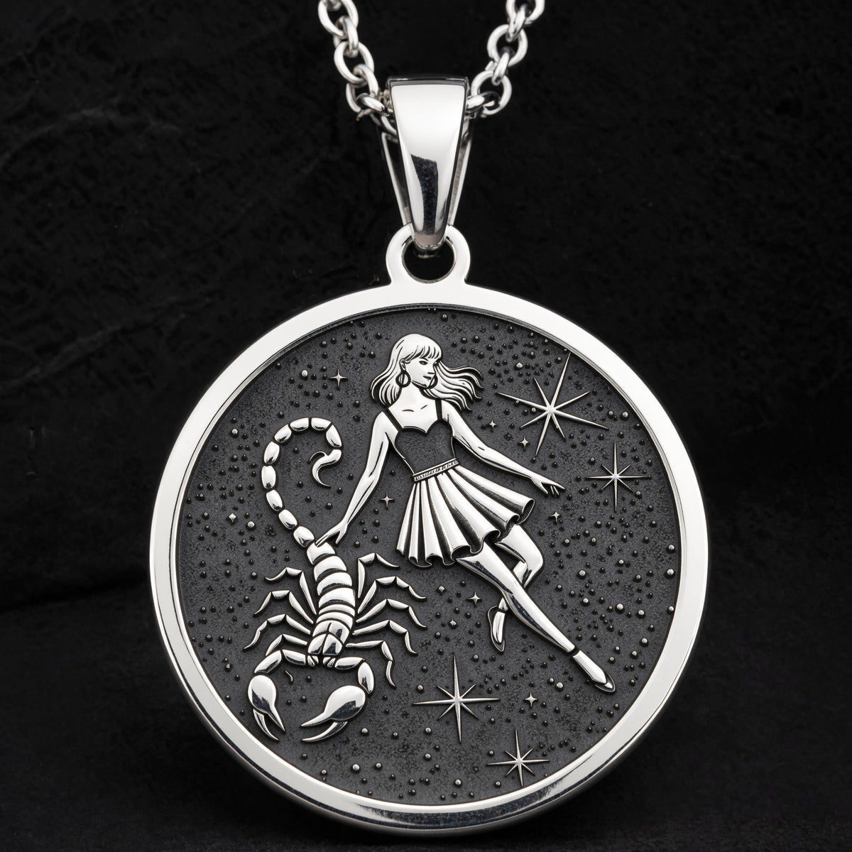 Sterling silver Scorpio Zodiac Necklace: round  of Scorpio zodiac sign with engraved sc...