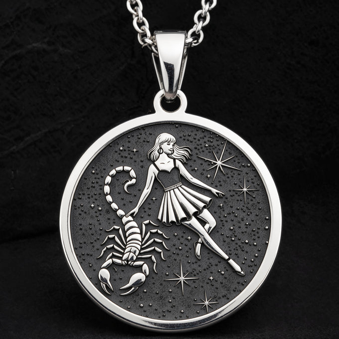 Sterling silver Scorpio Zodiac Necklace: round  of Scorpio zodiac sign with engraved sc...