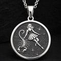 Sterling silver Scorpio Zodiac Necklace: round  of Scorpio zodiac sign with engraved sc...