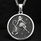 Sterling silver Scorpio Zodiac Necklace: round  of Scorpio zodiac sign with engraved sc...