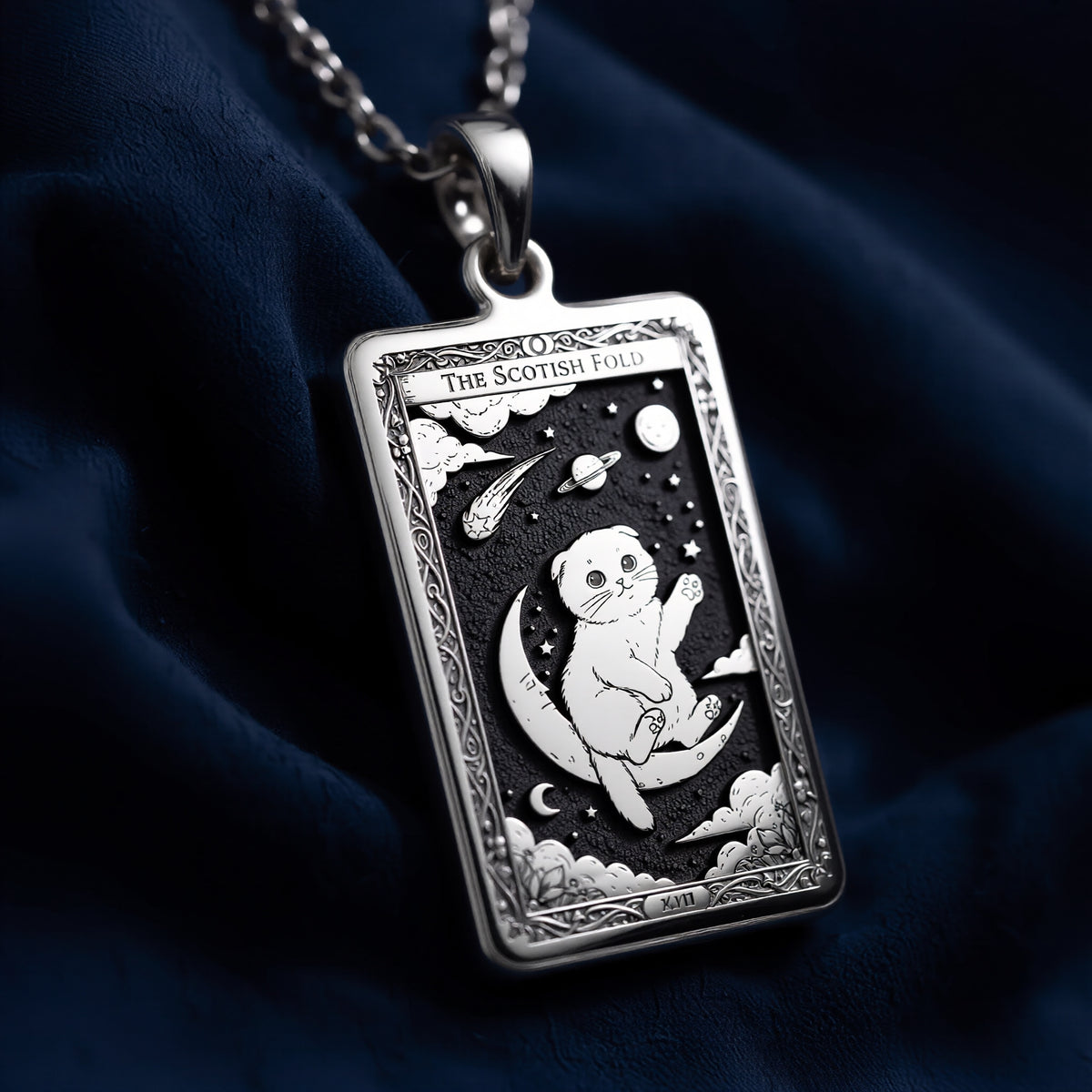 A striking 925 sterling silver Scottish Fold charm. The art shows the adorable cat, a meaningful piece of witchy jewelry for her.