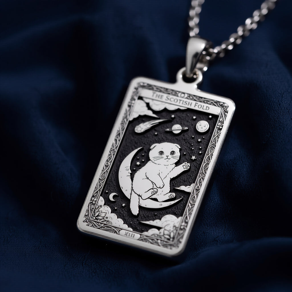 A personalized 925 sterling silver Scottish Fold necklace. This gift celebrates the curious heart of the breed, a cherished pet memorial keepsake.