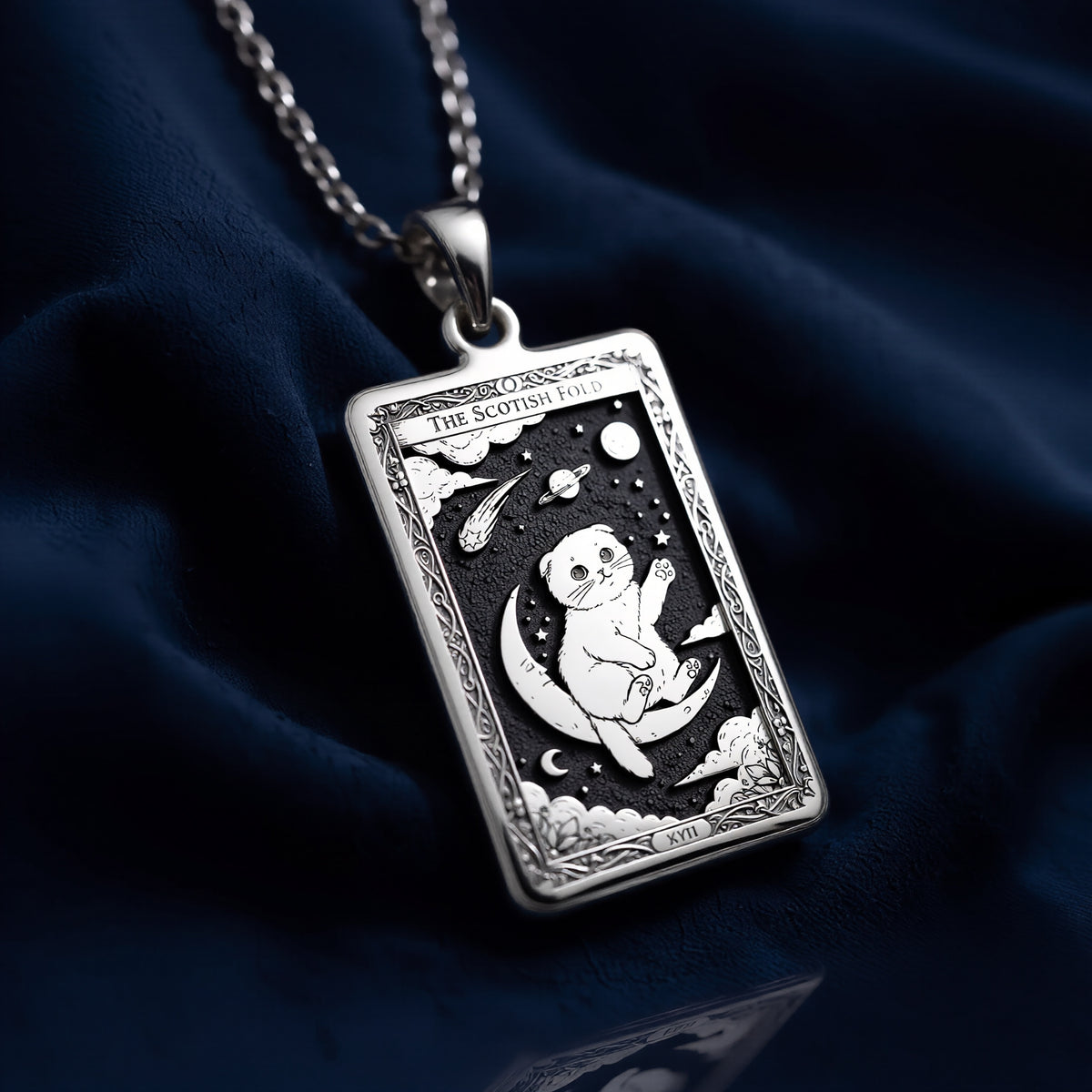 925 sterling silver Scottish Fold Tarot Necklace pendant featuring a detailed design.