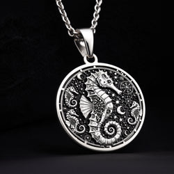 925 sterling silver seahorse necklace with intricate details, a unique nautical pendant for nature lovers, perfect for everyday wear or special occasions.