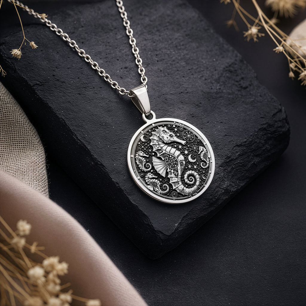 925 sterling silver Seahorse Nautical pendant, detailed view 1.