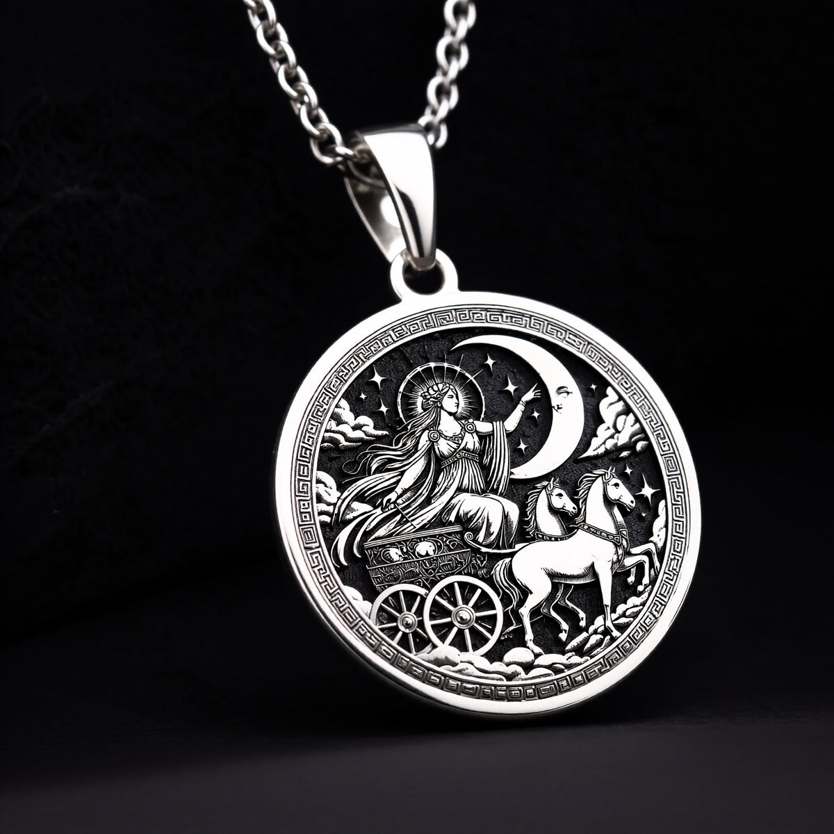 Selene Necklace made in 925 Sterling Silver with a detailed Greek Moon Goddess medallion. Elegant celestial jewelry for mythology enthusiasts and a perfect gift for birthdays, anniversaries, or any special moment.