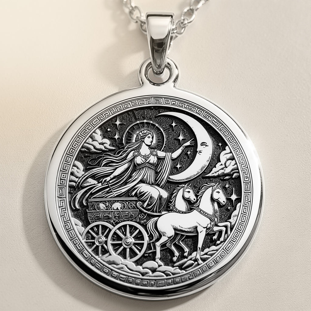 Selene Necklace made in 925 Sterling Silver with a detailed Greek Moon Goddess medallion. Elegant celestial jewelry for mythology enthusiasts and a perfect gift for birthdays, anniversaries, or any special moment.