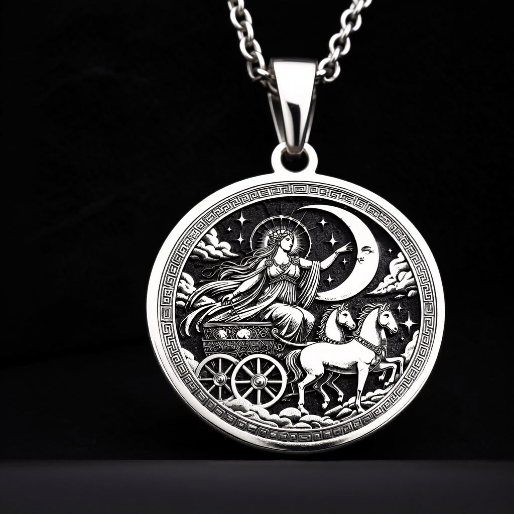 Selene Greek Moon Goddess Celestial Necklace — Solid 925 Sterling Silver artisan medallion view