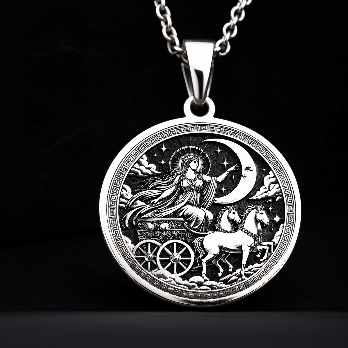 Selene Greek Moon Goddess Celestial Necklace — Solid 925 Sterling Silver artisan medallion view