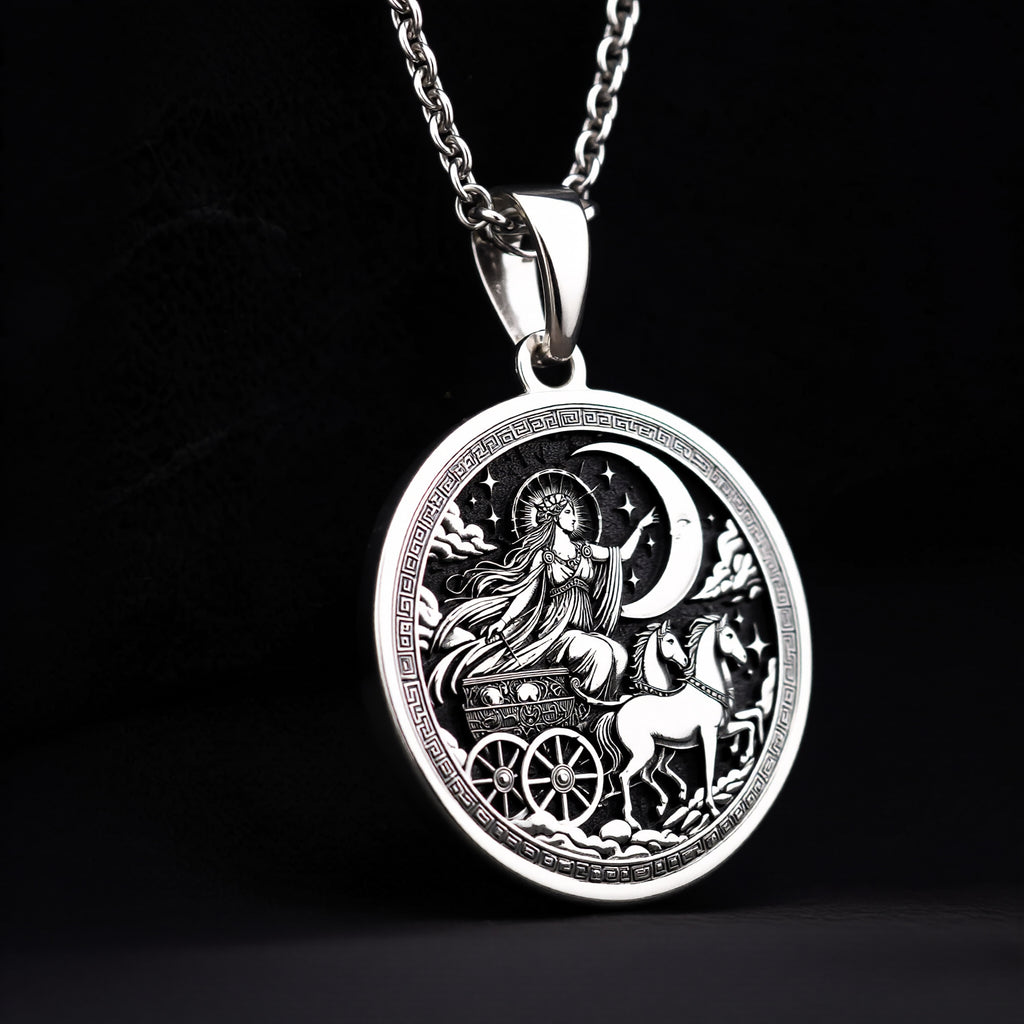Selene Greek Moon Goddess Celestial Necklace — Solid 925 Sterling Silver scale & profile view